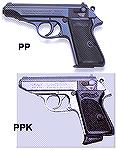 Photo compares the size of the PP with the PPK