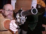 Elmer's hundred caliber BP revolver.
Yes, he has fired it, and has the pictures to prove it.
Would I shoot it? Not without life insurance!
Elmer is a blacksmith, and his hands are big, to give some
