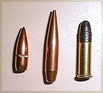 L-R...55 gr. GI bullet, 90 gr. JLK-Vld bullet, Wolf 22 RF

The 90 gr VLD is equivalent to the 30 cal 180gr Sierra Matchking

22 cal. bullets
Harvey Wilson