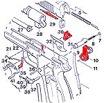 The areas highlighted in red should be well-lubricated for a smooth trigger pull on the Browning Hi-Power pistol.