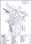 Exploded view, pre-1962 Browning Hi-Power.  Note internal extractor.