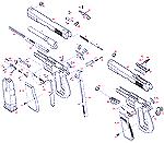 Exploded view of a post-1962 Hi-Power.  Note external, side-mounted extractor.