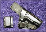 This is the front view of my Graham Falcon IWB holster, as modified by Ron Graham to include a requested "sweat shield."  Ron threw in the magazine holder at no extra charge!  The holster and magazine