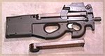 FN's P-90 Personal Defense Weapon. In 5.7mm, this "subgun" has a horizontally mounted magazine with a 50-rd capacity. Rate of fire is 900 rounds per minute, and effective range is 200 yards.