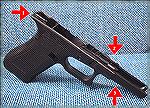 There is no metal on a Glock frame except for the frame rails which are molded in (1, 2) and the serial number plate (3).  All other metal parts are removable.