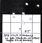 This was shot during an ammo testing session with a new Ruger Mk. III Hunter at 20 yards, standing unsupported. Federal standard velocity in a cheap WalMart pack of 325.  This was the best group with 