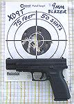 Springfield Armory XD 9mm, 5&quot; Tactical model. Target shot with CCI Blazer 115gr 9mm (50 shots at 75 feet, 4 inch group).