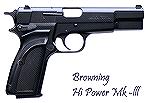 The current (March 2009) Browning Hi-Power Mk.III 9mm Pistol as offered for the North American market.  Two other versions are offered, a blue model with adjustable sights and a tacky digital camo mod