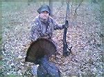 He's about 2 years old, has 3/4 inch spurs, and a 9 inch beard. Estimated weight is between 25-30 pounds. It was taken with my Remington 870 Express using a 2 3/4 inch Remington Turkey shell with No. 
