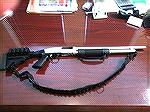 My grandson took my modified Remington 870 in 12 ga, so I ordered a Mossberg 500 with collapsible stock, "Marinecote" nickel finish, and an 18.5" barrel. It holds a total of 6 shells.