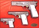 Engraved Renaissance Browning Pistol set: Hi-Power (aka GP1935), M1910, and M1905 (aka M1906, also "Baby Browning")