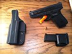 Glock 19 Gen 4, Galco TR226 Kydex IWB Holster, Hornady 115 Grain JHP 9MM ammunition, Comp-Tac Spare mag holder. 