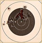 Shot at 20 feet this target shows hits from a .45 ACP Colt Commander centered high on the bullseye and hits from a 9mm Springfield XDS centered just to the left and slightly lower.