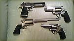 Desert Eagle .44 Magnum, Magnum Research BFR .45-70, S&W 500 500 Magnum, S&W 629 .44 Magnum. 
The Big Boys are back from the repair shop and this is the first time they have all been together. 
