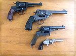 Just recently lined up some of my older revolvers.From newest to oldest:
1895 Nagant Single Action. Chambered in 7.62 Nagant. Manufactured at Tula Arsenal in 1937.
Webley MKVI made in 1916. Cylinder