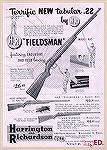 An advertisement for the H&R 852 Fieldsman Ad. The gun is chambered in . 22 Short, .22 Long, and .22 Long Rifle it has a 24" barrel, nicely blued finish, a walnut stock, tubular magazine, hard plastic