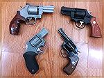 From left to Right: 
Smith and Wesson 610 in 10MM, 
Smith and Wesson 1917 in .45 ACP
Taurus Ultra-Lite in .44 SPL
Charter Arms Bulldog in .44 SPL
