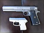 Largest and smallest semi-auto pistols I own.
10MM Javelina IAI Longslide 
Kel-Tec P32





