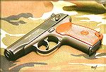 A new-production, U.S. import version of the Russian Makarov in caliber 9x18.  Note the "mini-Bomar" rear sight.  An excellent sight, but a bit out of place on such a pistol!  Red stocks are Russian m