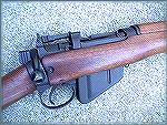 A close-up of the action of my Jungle Carbine. The receiver has several 'lightening cuts', one of which can be plainly seen on the upper part of the receiver, just below the rear sight. The so-called 