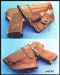 Graham Custom Gun Leather "Falcon" IWB shown front and rear holding a SIG P239 pistol.

(photograph by Mark Eric Freburg, copyright 2000, all rights reserved.)