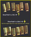 Bulged Cases once-fired in an older Glock 23 below, cases once-fired from a SIG .40 above, not showing the Glock bulge.  Reportedly newer Glock chambers have better support than this decidely loose ea